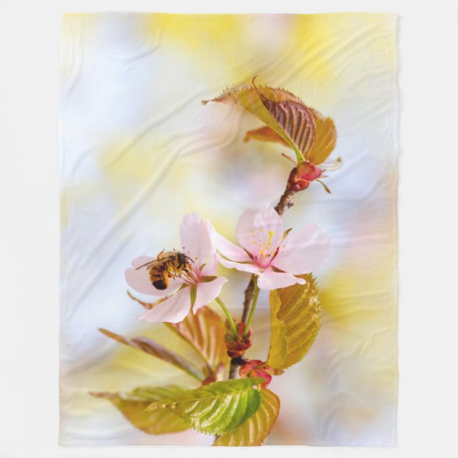 Bee On A Cherry Flower Fleece Blanket (Front)