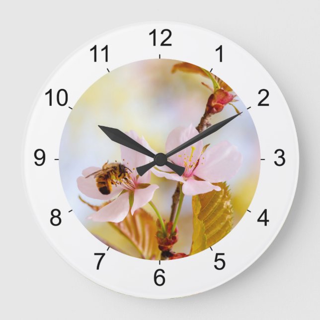 Bee On A Cherry Flower Large Clock (Front)