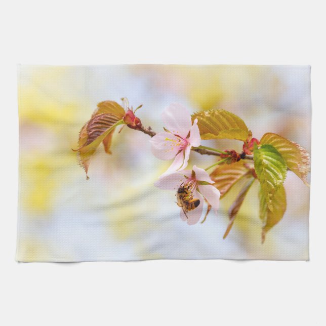 Bee On A Cherry Flower Tea Towel (Horizontal)