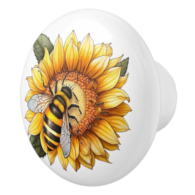 Bee On A Sunflower Ceramic Knob (Right)