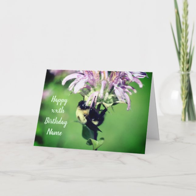 Bee On Bee Balm Flower Personalised Birthday  Card (Front)