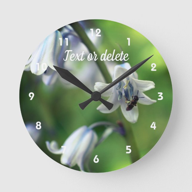 Bee On Bluebell Flower Personalised Round Clock (Front)