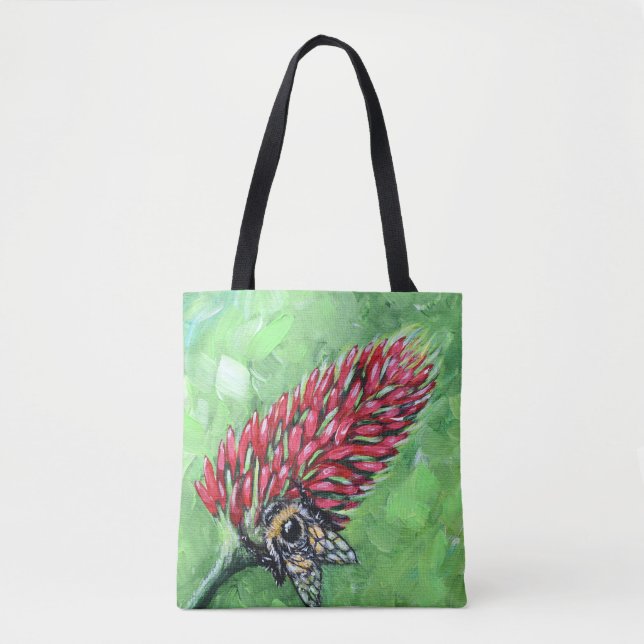 Bee on Crimson Clover Painting Tote Bag (Front)