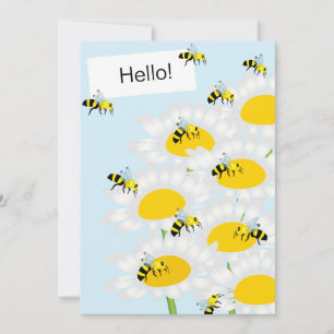 Bee on Flower Flat Greeting Card - Blue Background
