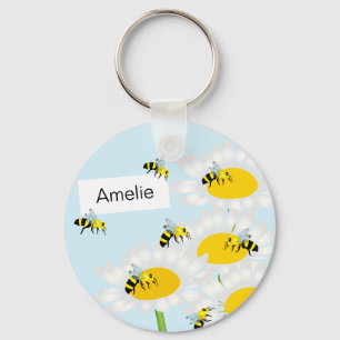 Bee on Flower Keychain - Blue Background