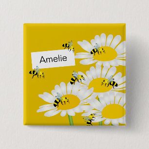 Bee on Flower Square Button - Yellow Background
