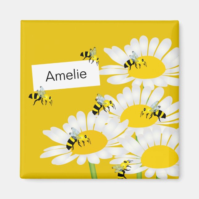 Bee on Flower Square Magnet - Yellow Background (Front)