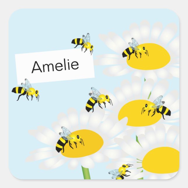 Bee on Flower Square Sticker - Blue Background (Front)