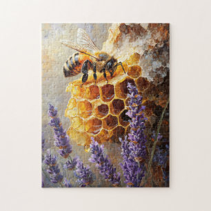 Bee on Honey Comb with Lavender Flowers Jigsaw Puzzle