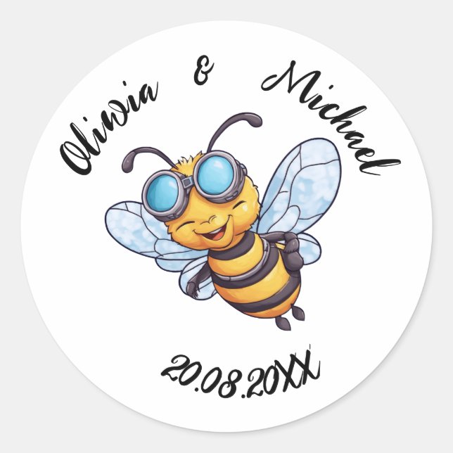 Bee on Honey Jars Classic Round Sticker (Front)