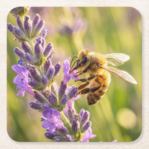 Bee on Lavender Square Paper Coaster