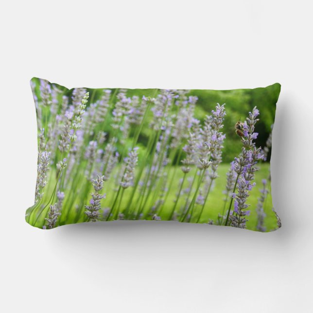 Bee on Lavender Summer Floral Lumbar Cushion (Front)