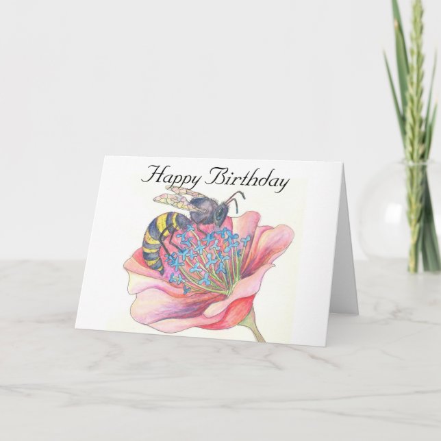 bee on pink flower birthday card (Front)