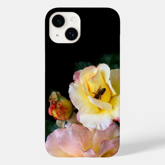  Bee on Pink Yellow Roses Flowers Case-Mate iPhone Case (Back)