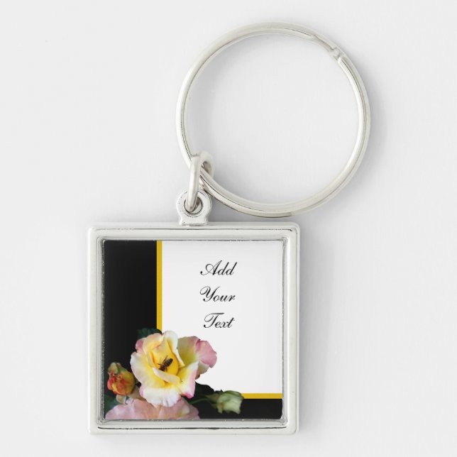 Bee on Pink Yellow Roses Flowers Key Ring (Front)