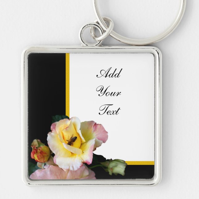 Bee on Pink Yellow Roses Flowers Key Ring (Front)