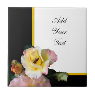 Bee on Pink Yellow Roses Flowers Tile