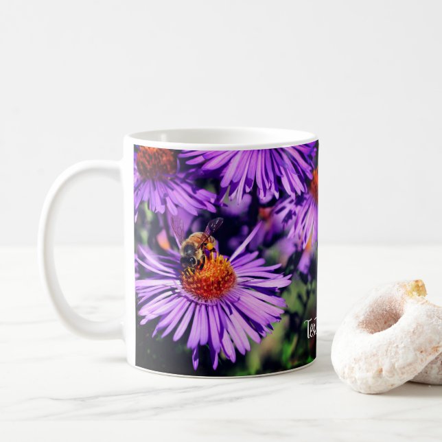 Bee On Purple Aster Flower Personalised Coffee Mug (With Donut)