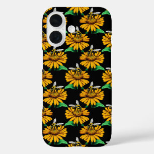 Bee on Sunflower Flower Pattern Design Black iPhone 16 Case