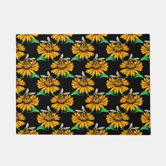 Bee on Sunflower Flower Pattern Design Black  Doormat (Front)