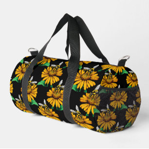 Bee on Sunflower Flower Pattern Design Black  Duffle Bag