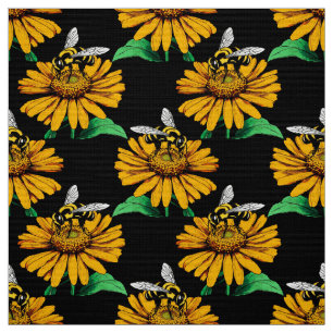 Bee on Sunflower Flower Pattern Design Black  Fabric