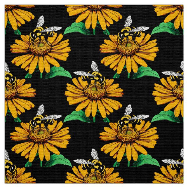 Bee on Sunflower Flower Pattern Design Black  Fabric (Swatch)