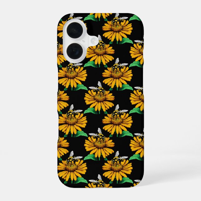 Bee on Sunflower Flower Pattern Design Black  iPhone 16 Case (Back)