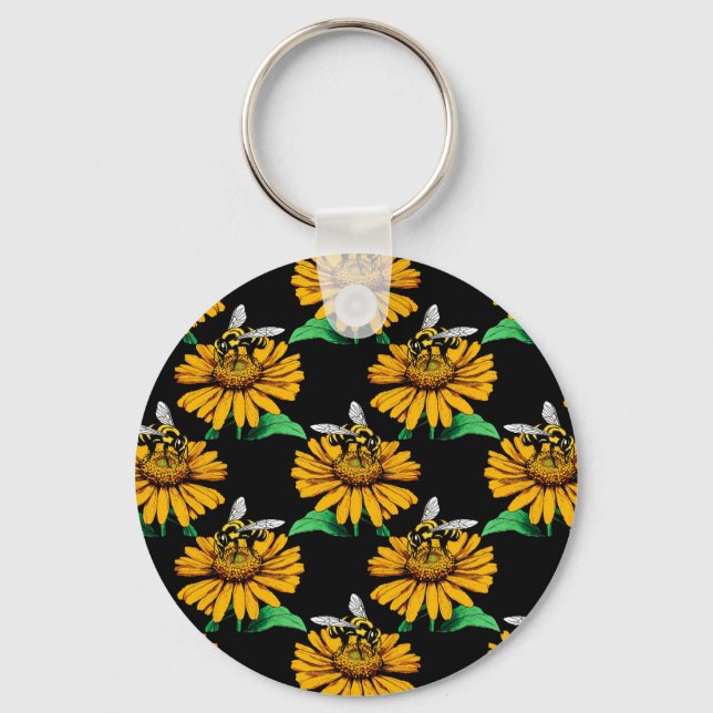 Bee on Sunflower Flower Pattern Design Black  Key Ring (Front)