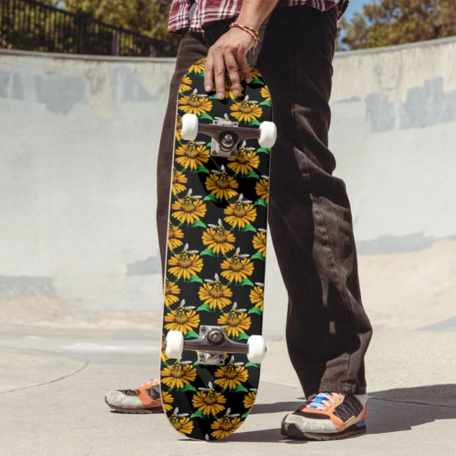 Bee on Sunflower Flower Pattern Design Black  Skateboard (Creator Uploaded)