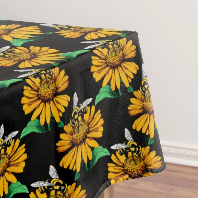 Bee on Sunflower Flower Pattern Design Black  Tablecloth (Creator Uploaded)