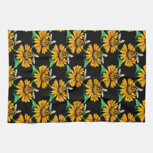 Bee on Sunflower Flower Pattern Design Black  Tea Towel