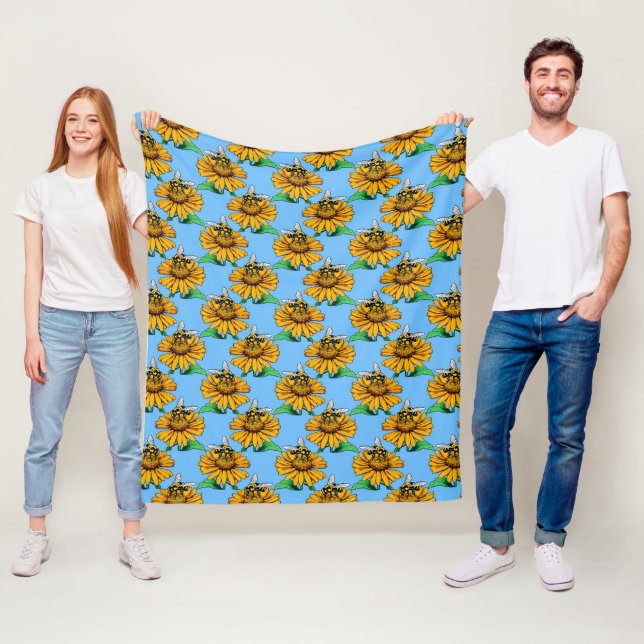 Bee on Sunflower Flower Pattern Design Blue  Fleece Blanket (In Situ)