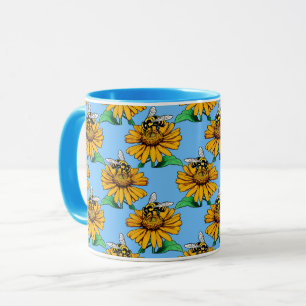 Bee on Sunflower Flower Pattern Design Blue Mug