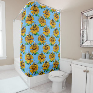 Bee on Sunflower Flower Pattern Design Blue  Shower Curtain