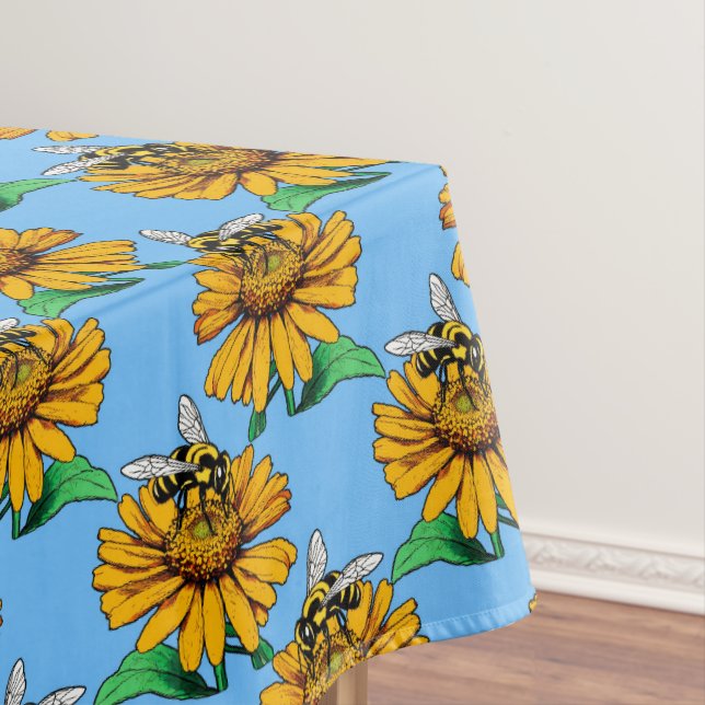 Bee on Sunflower Flower Pattern Design Blue  Tablecloth (In Situ)