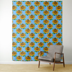 Bee on Sunflower Flower Pattern Design Blue  Tapestry