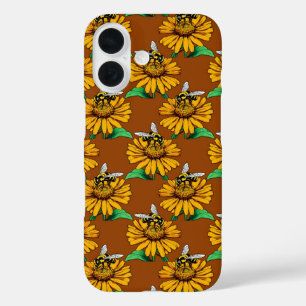 Bee on Sunflower Flower Pattern Design Brown iPhone 16 Case