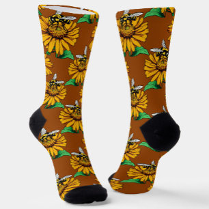 Bee on Sunflower Flower Pattern Design Brown Socks