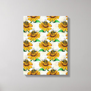 Bee on Sunflower Flower Pattern Design Canvas Print