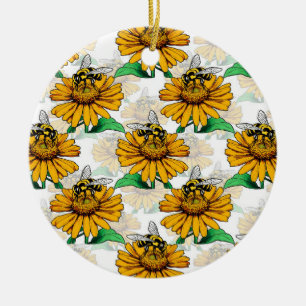 Bee on Sunflower Flower Pattern Design Ceramic Tree Decoration