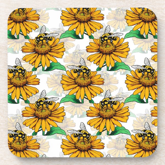 Bee on Sunflower Flower Pattern Design  Coaster (Front)
