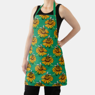 Bee on Sunflower Flower Pattern Design Green  Apron