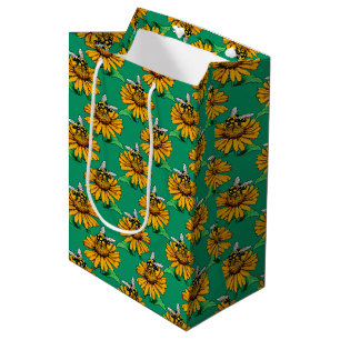 Bee on Sunflower Flower Pattern Design Green Medium Gift Bag