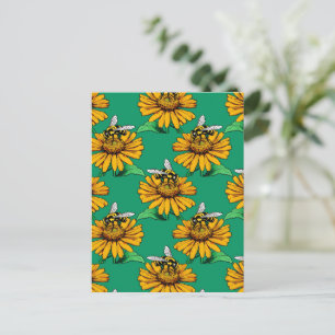 Bee on Sunflower Flower Pattern Design Green Postcard