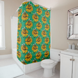 Bee on Sunflower Flower Pattern Design Green Shower Curtain
