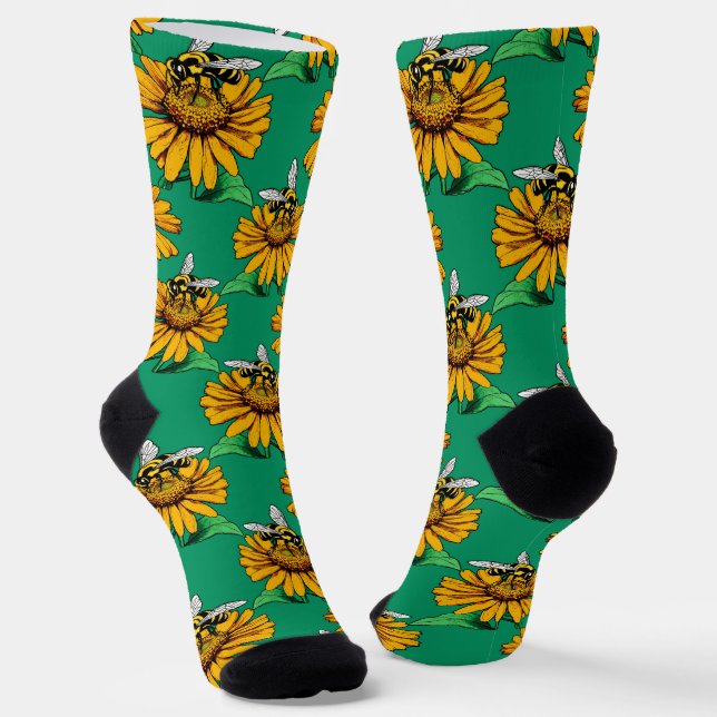 Bee on Sunflower Flower Pattern Design Green  Socks (Angled)