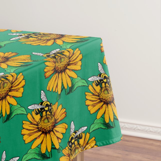 Bee on Sunflower Flower Pattern Design Green  Tablecloth (In Situ)