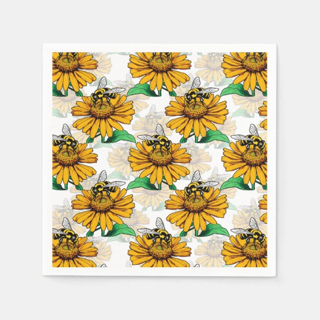 Bee on Sunflower Flower Pattern Design  Napkin (Front)