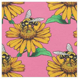 Bee on Sunflower Flower Pattern Design Pink Fabric
